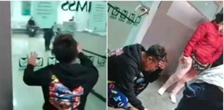 The dead man's son, left, pleads with hospital personnel to open the door