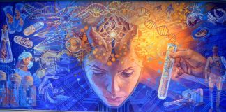 Monroy’s murals enliven public buildings in Jalisco, like this one, The Influence of Technology on Medicine, at the University of Guadalajara Medical School.