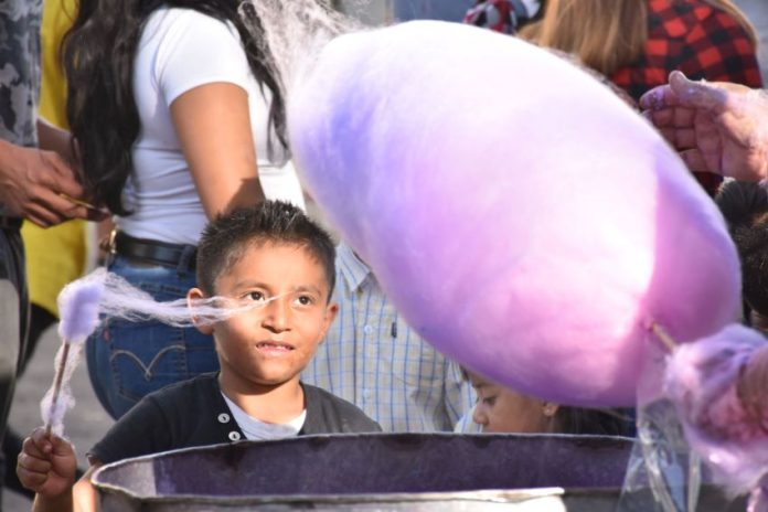A boy watching a cotton candy vendor captures wisps of floating sugar on his stick.