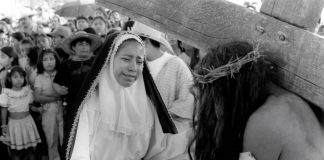 The dramatic encounter between the Virgin Mary and Jesus on his way to the crucifixion during Holy Week festivities in Tlalixtac, Oaxaca.