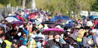 Seniors waiting outside a vaccination center in the city of Puebla.