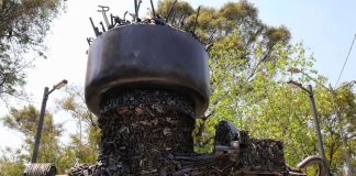 The monument to peace symbolizes the effort to gather and destroy firearms.