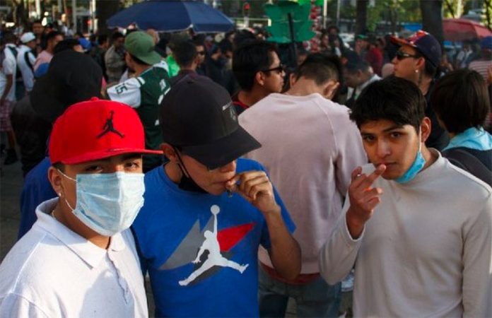 Youths toke up at the pot market adjacent to the Senate building in Mexico City.