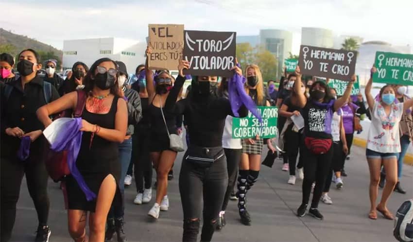 Women in Chilpancingo, Guerrero, march to protest Salgado's candidacy.