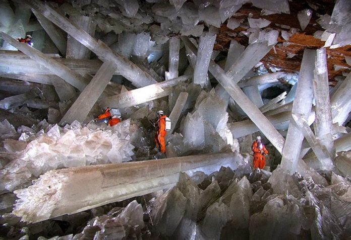 The Naica Crystal Cave, only ever accessible from a mine in Chihuahua but now completely submerged underwater, has bizarrely long, thick crystals.