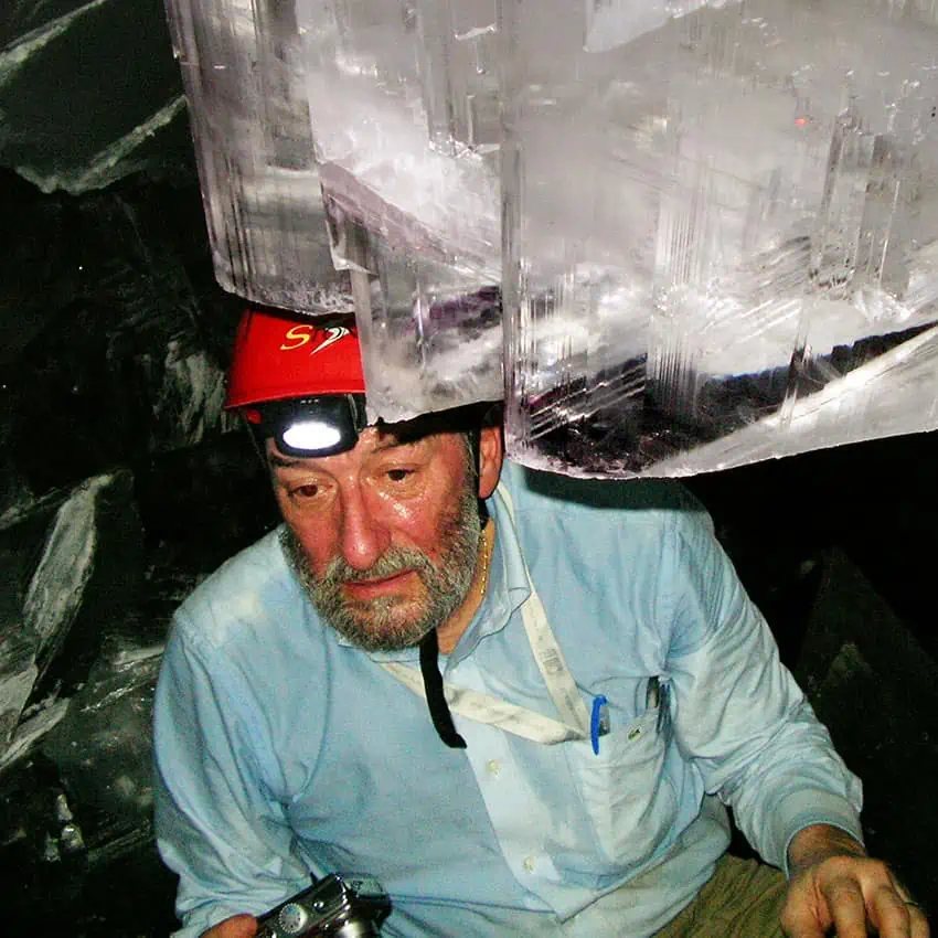 Mineralogist Paolo Forti inside the cave without a cooling suit.