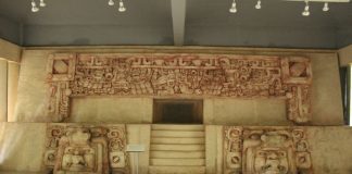 A replica of the frieze from Calakmul's main pyramid.