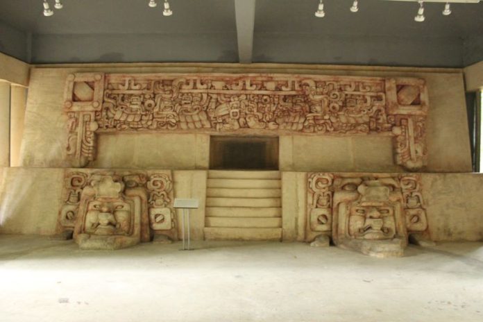 A replica of the frieze from Calakmul's main pyramid.