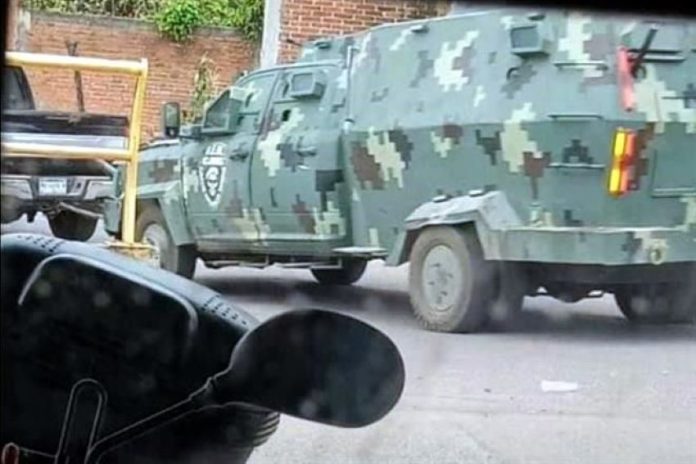 In a show of force, presumed CJNG cartel members paraded this armored truck through the streets of Aguililla, Michoacán on Monday.