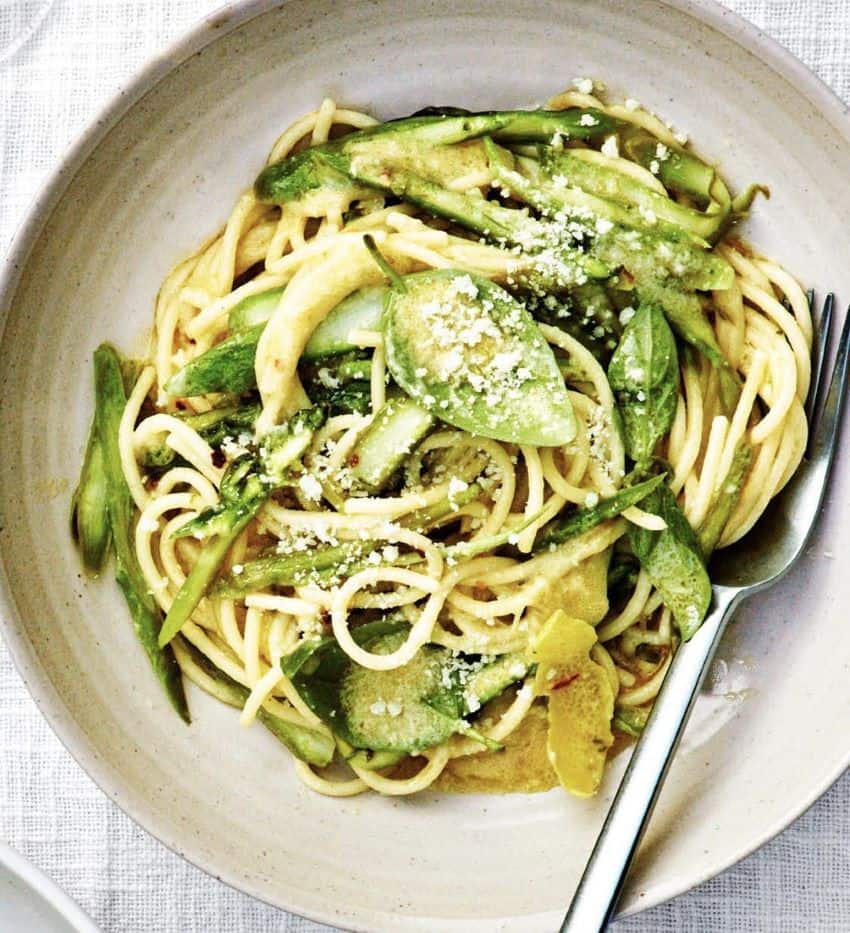 The light crisp of asparagus adds a perfect contrast to spaghetti.