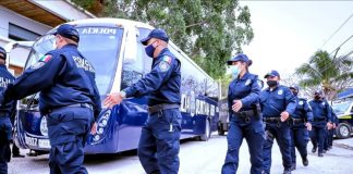 A group of 30 Tulum police officers arrive at the Quintana Roo state police academy in Chetumal for an enforced 216 hours of training in policing techniques and tactics.