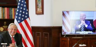 President López Obrador and United States President Joe Biden during a video conferencing call in March.