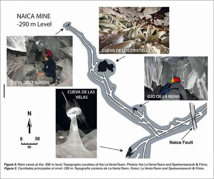 Map of the main crystal caves at the -290 meter level.