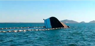 The shrimp boat after it collided with a ferry off Sinaloa.