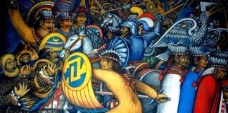A mural of Tlaxcalans fighting at the battle of Tenochtitlán