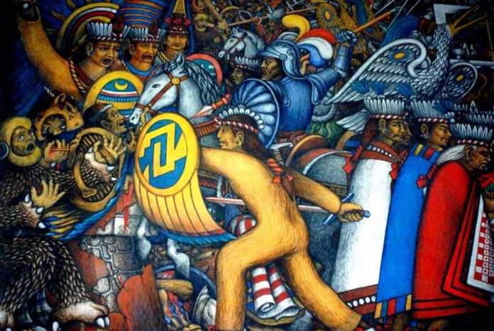 A mural of Tlaxcalans fighting at the battle of Tenochtitlán