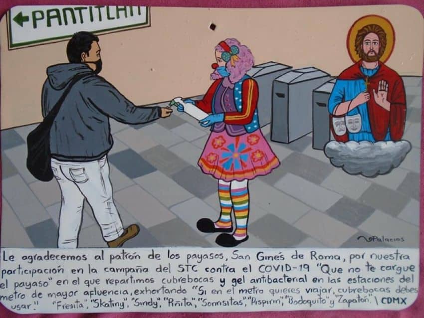 This exvoto thanks the patron saint of clowns and refers to a Covid-19 safety campaign in Mexico City.