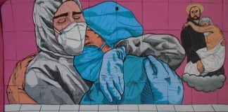 This exvoto thanks St. John and the artists who painted a mural in Acapulco thanking Mexico's health workers.