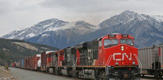 A Canadian National train in Jasper, Alberta