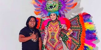 Designer Avelino Roque with Miss Universe and her costume.