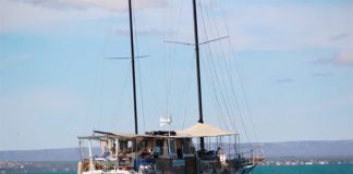The sailboat from which a flare gun was allegedly fired at a fisherman.