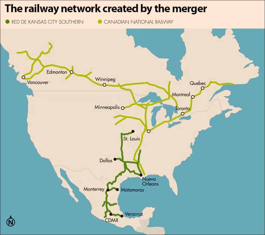 Kansas City Southern and Canadian National's combined network of tracks.