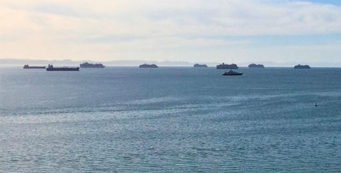 Several cruise ships are among vessels anchored off La Paz.