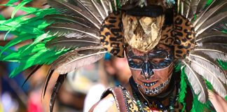 Mexica dancer performing near the shrine in Ixcateopan in 2011
