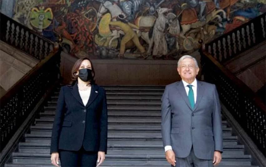 Harris and López Obrador at the National Palace on Tuesday.