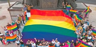Supporters of the same-sex marriage bill outside the Baja California state Congress.