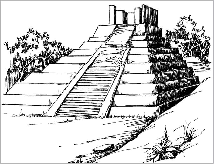 drawing of ruins of Comalcalco in Tabasco