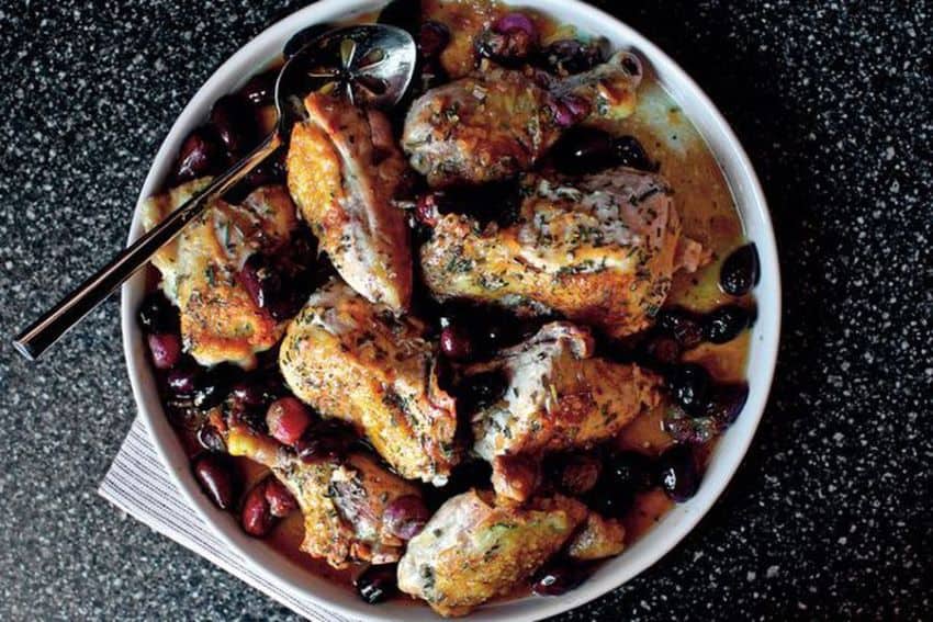 roast chicken with grapes, rosemary, kalamata olives
