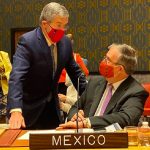Ebrard, seated, at the UN.