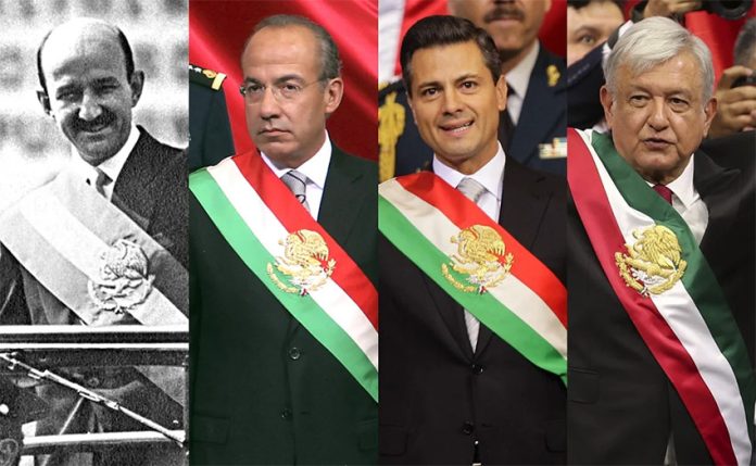From left, ex-presidents Carlos Salinas, Felipe Calderón, Enrique Peña Nieto and current President López Obrador.