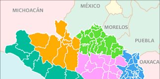 The Tierra Caliente region of Guerrero is indicated in orange.