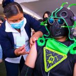 The superhero Supergrillo was one of the costumed candidates for vaccination in Xochimilco this week.