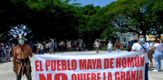 Protesters display a banner with the words, "The Mayan people of Homún don't want the farm."