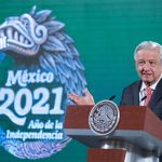 AMLO speaks at his Monday morning press conference.