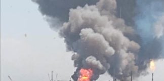 Smoke billows from a fire on a Pemex oil platform Sunday.