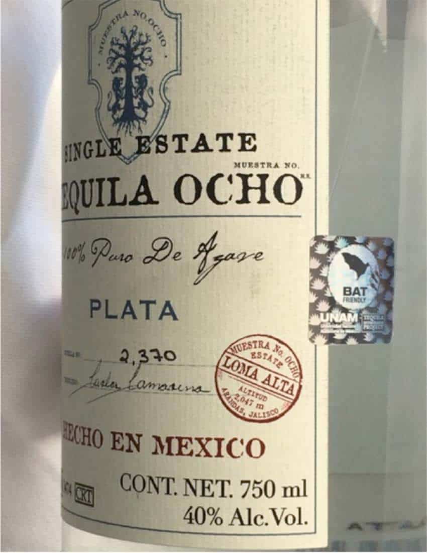 Tequila Ocho brand tequila with bat friendly label