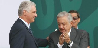 López Obrador applauds Cuba President Díaz-Canel during Independence celebrations on Thursday.