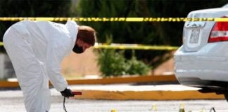 A forensic expert studies bullet casings at a Jalisco crime scene in 2020.