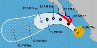 Hurricane warning areas are in red and tropical storm warning areas in blue.