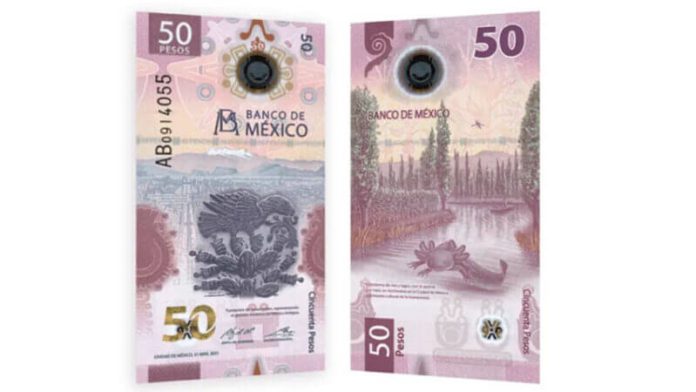The new banknote celebrates Mexican history with Mexica symbols and an image of a native salamander.