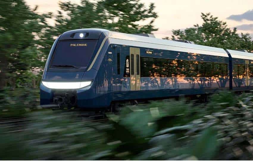 The Maya Train speeds through the jungle, in an illustrative rendering by federal authorities.