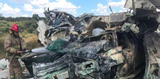 The wreckage of the two vehicles after Tuesday's accident.