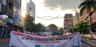 Family members of the kidnapped men protest outside the government palace in the Chiapas state capital in September.