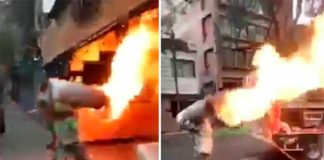 The firefighter and the burning LP gas tank.