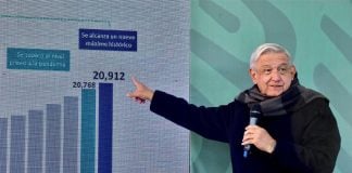 President López Obrador gestures to an employment growth chart at his Thursday morning press conference.