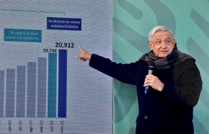 President López Obrador gestures to an employment growth chart at his Thursday morning press conference.